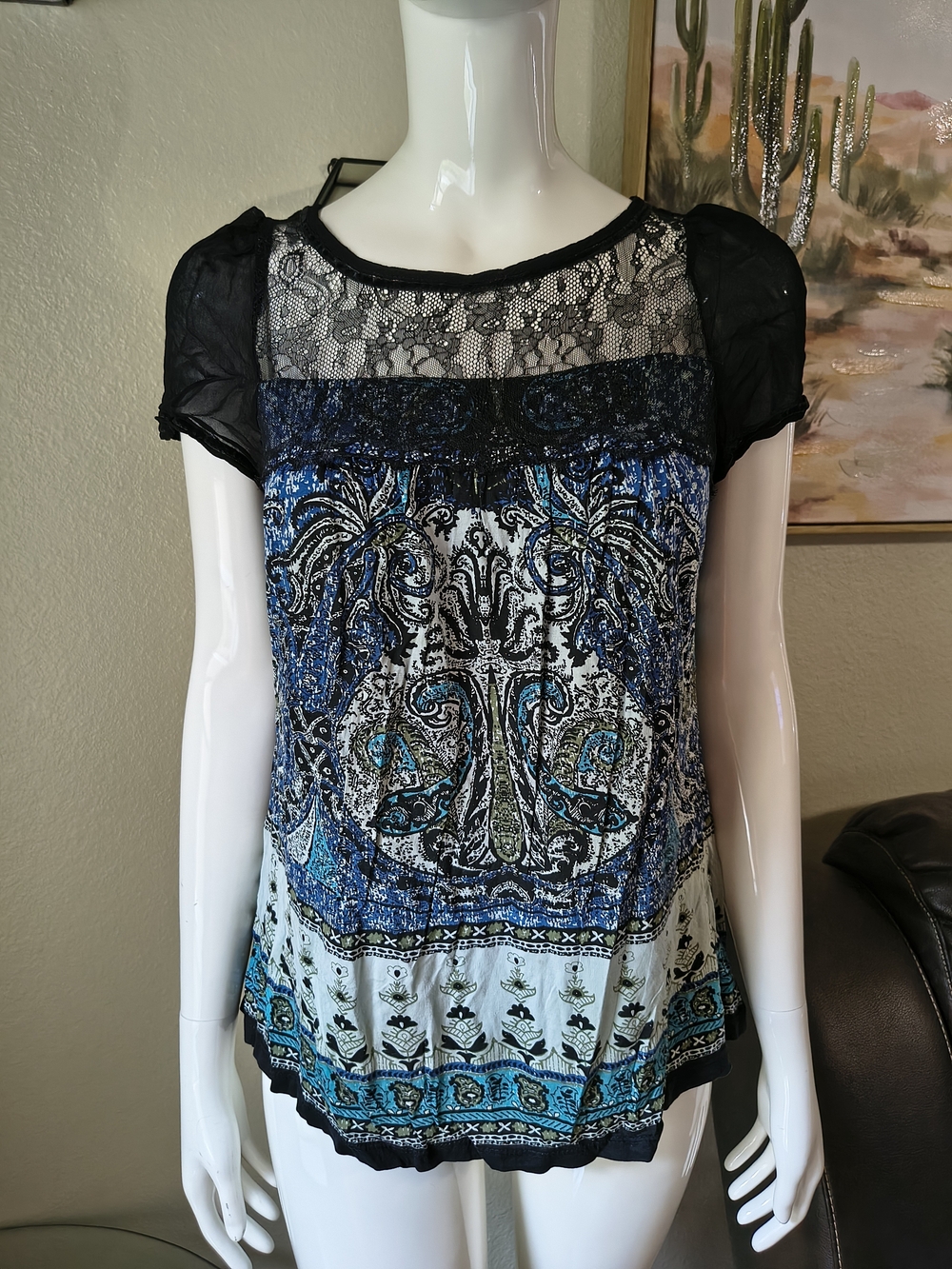 Bila Boho Lace Yoke Paisley Blouse Top - Medium (Like New)